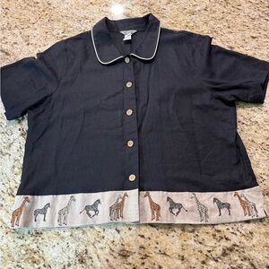Vintage 90s Stonebridge Safari Giraffes & Zebra Linen Button Down Top SS XL